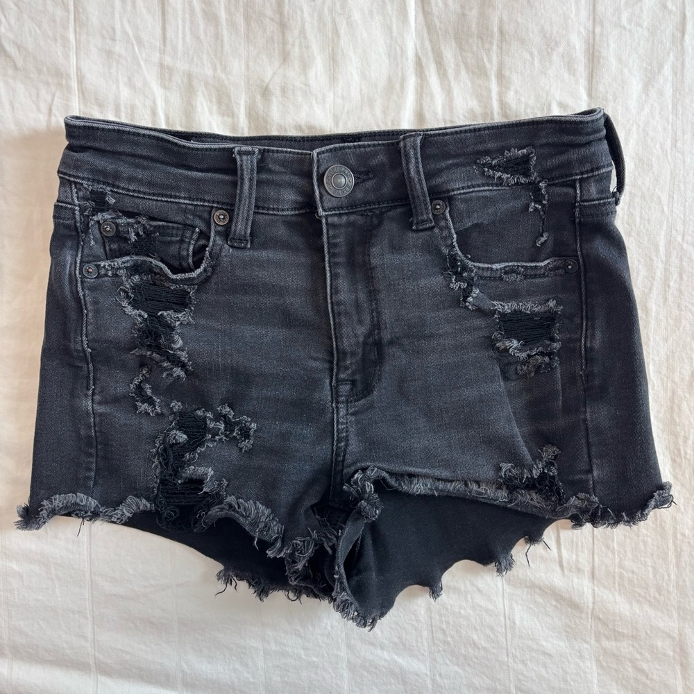 American Eagle NE(X)T Level Stretch Distressed High Waist Black Denim Shorts 4R